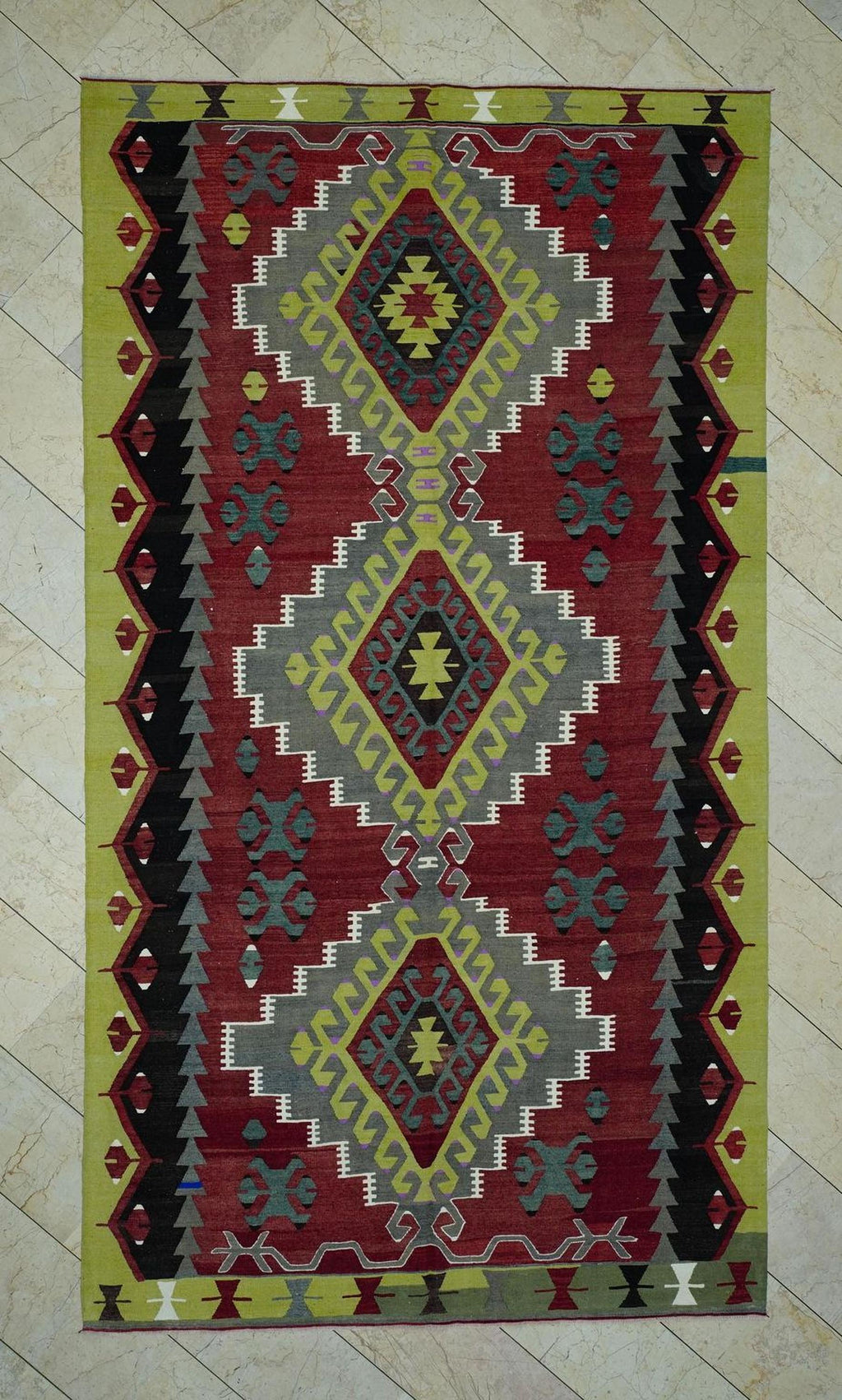 Tribal Kilim Rug: 6.3x11.3 ft, Turkish Flat Weave Mid-Century Antique Wool Rugs.