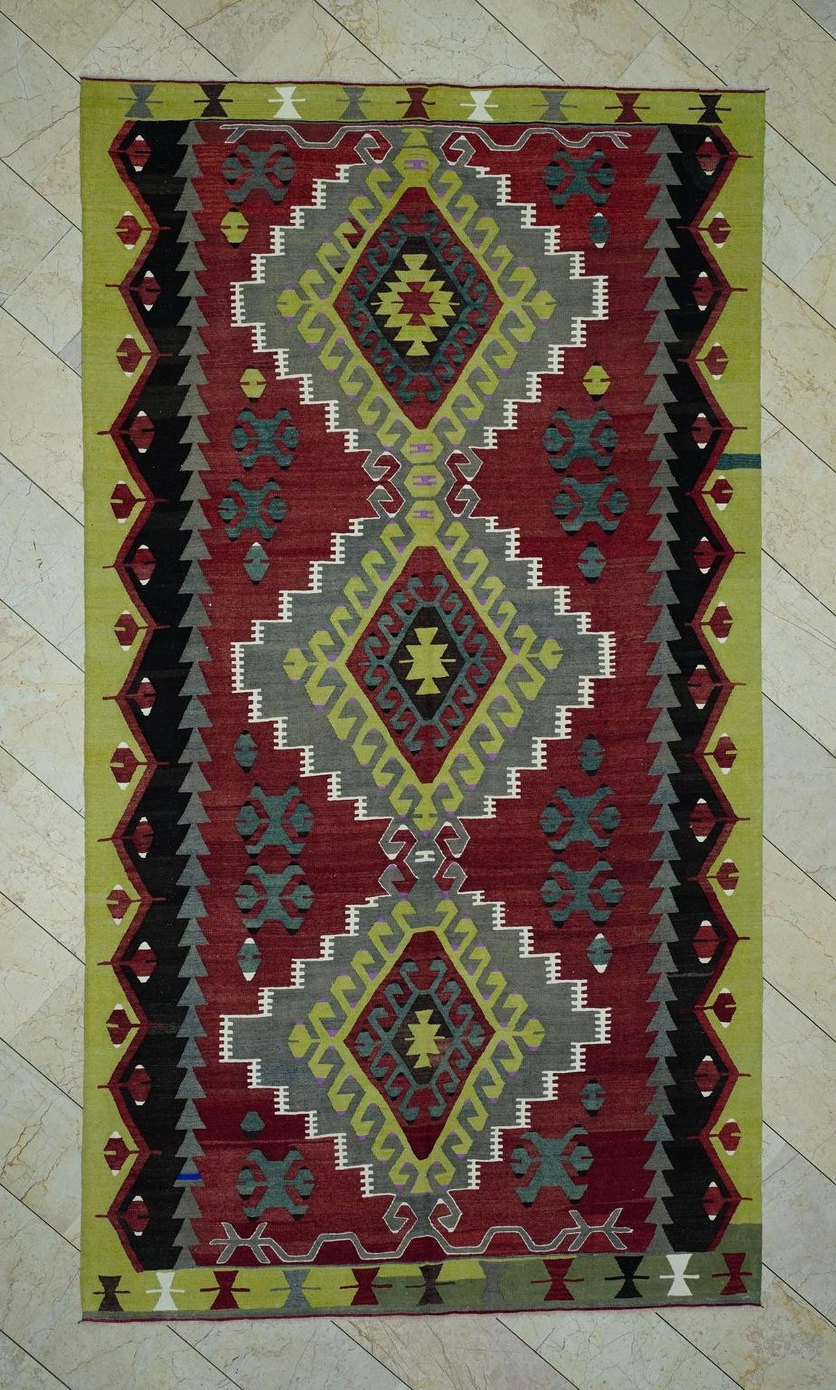 Tribal Kilim Rug: 6.3x11.3 ft, Turkish Flat Weave Mid-Century Antique Wool Rugs.