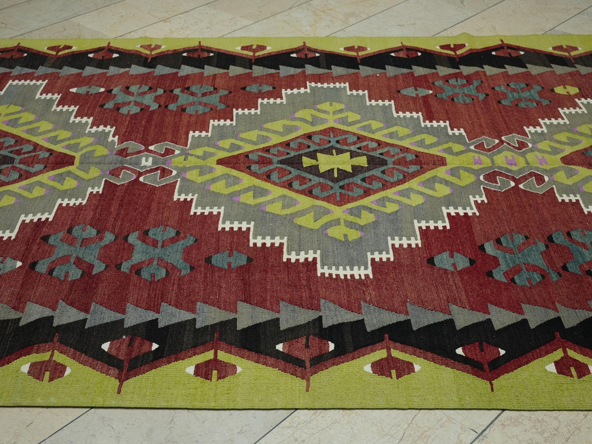 Tribal Kilim Rug: 6.3x11.3 ft, Turkish Flat Weave Mid-Century Antique Wool Rugs.