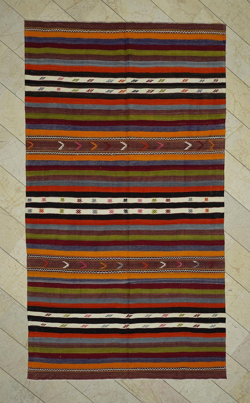 Vintage Turkish Kilim Rug: Multi Tribal Stripe, Handmade Wool (6,4x11,3 Feet)