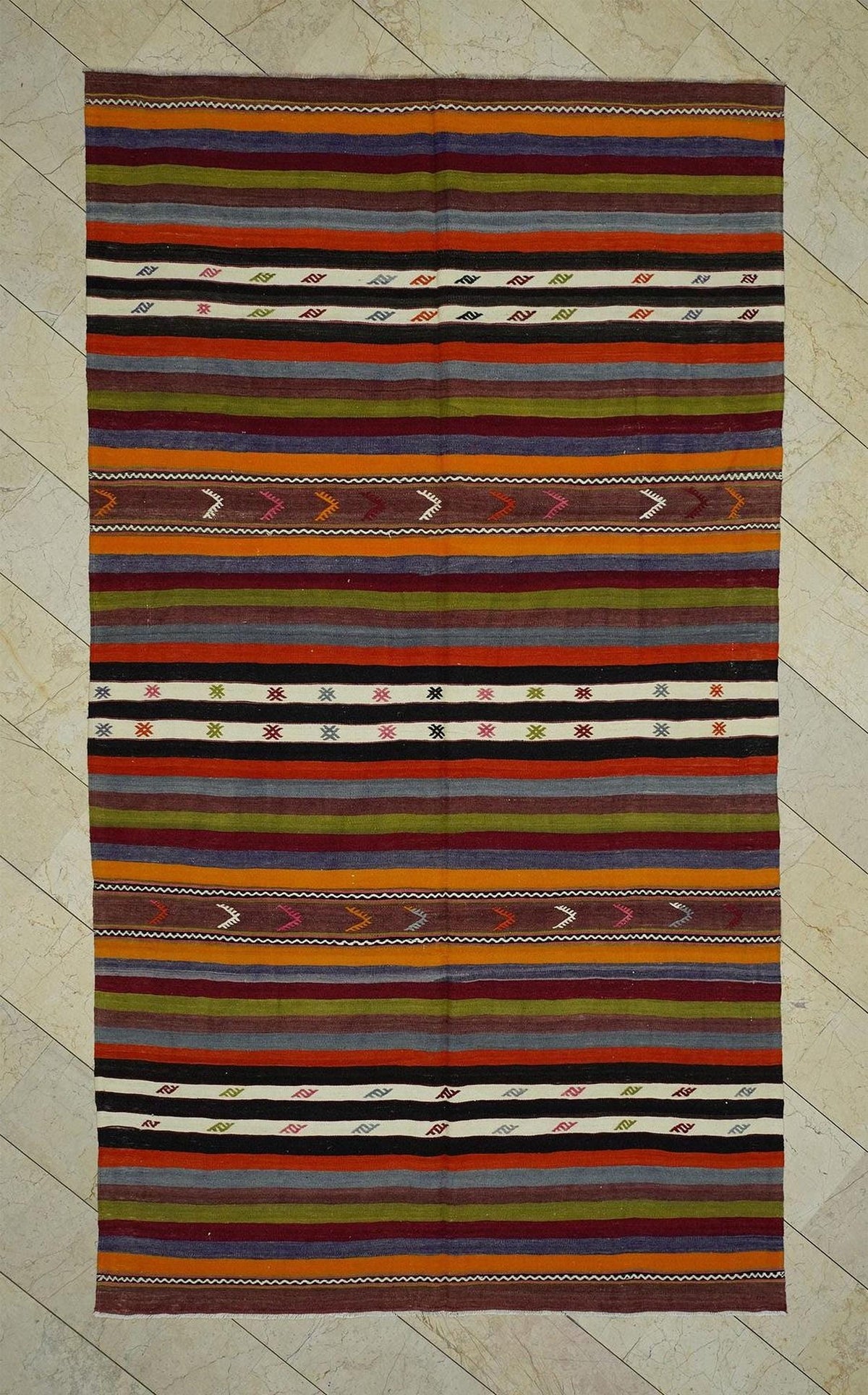 Vintage Turkish Kilim Rug: Multi Tribal Stripe, Handmade Wool (6,4x11,3 Feet)