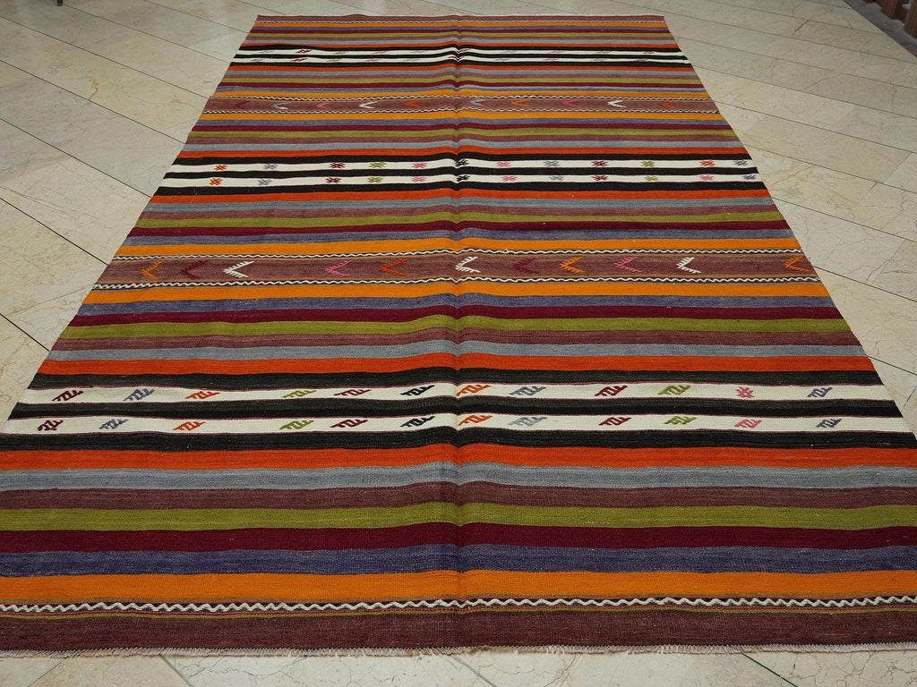 Vintage Turkish Kilim Rug: Multi Tribal Stripe, Handmade Wool (6,4x11,3 Feet)