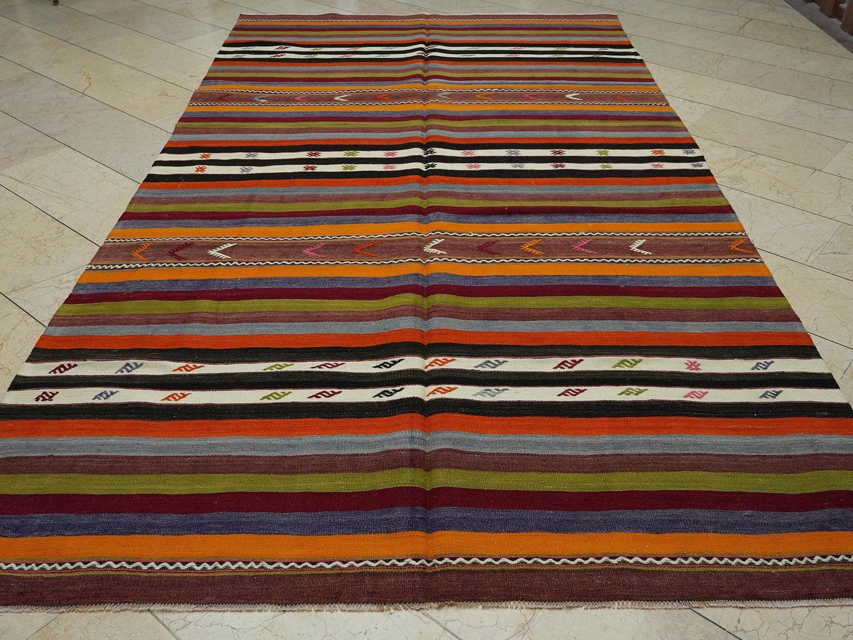 Vintage Turkish Kilim Rug: Multi Tribal Stripe, Handmade Wool (6,4x11,3 Feet)