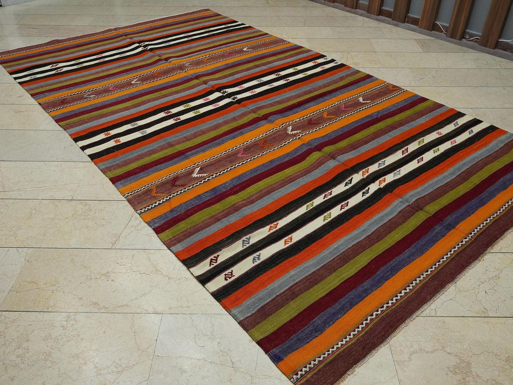 Vintage Turkish Kilim Rug: Multi Tribal Stripe, Handmade Wool (6,4x11,3 Feet)