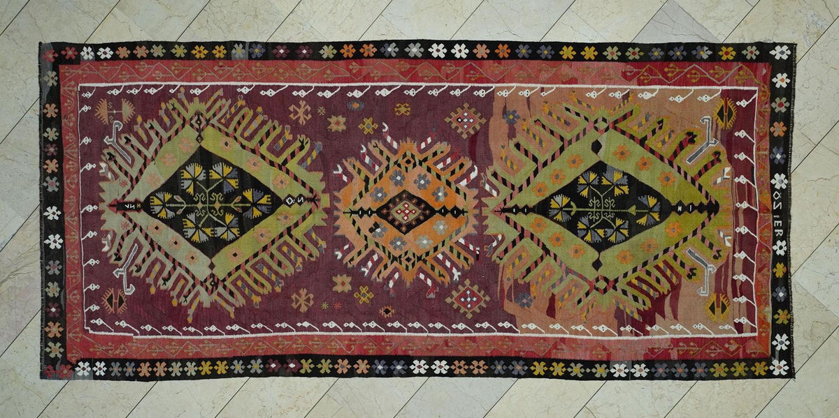 1940s Turkish Kilim Rug 5x11: Handwoven Tribal Farmhouse Decor Rugs.