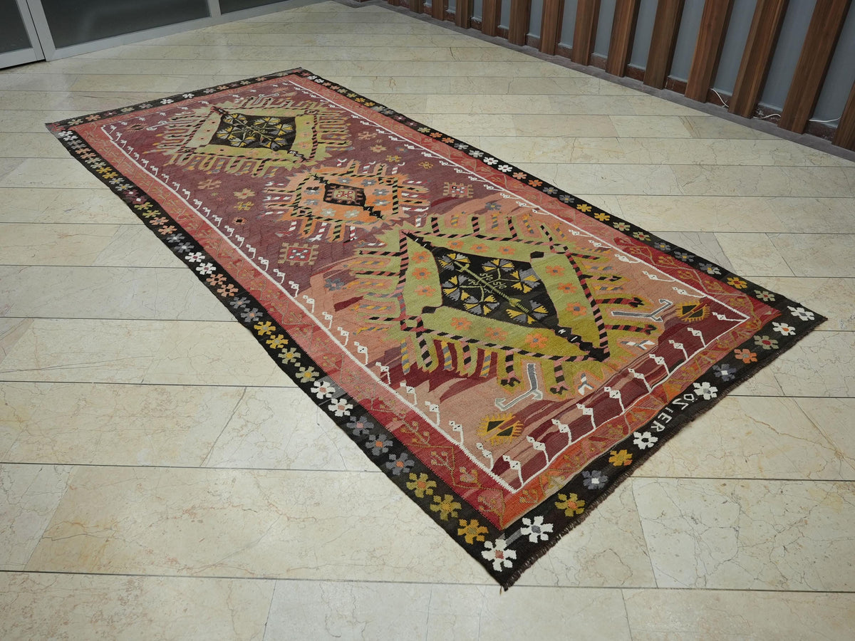 1940s Turkish Kilim Rug 5x11: Handwoven Tribal Farmhouse Decor Rugs.