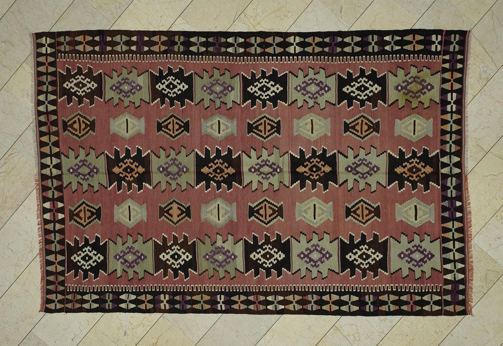 Pastel Turkish Kilim Rug: Flat Woven Bohemian Decor Rugs, 6,4"x9,6" Feet.