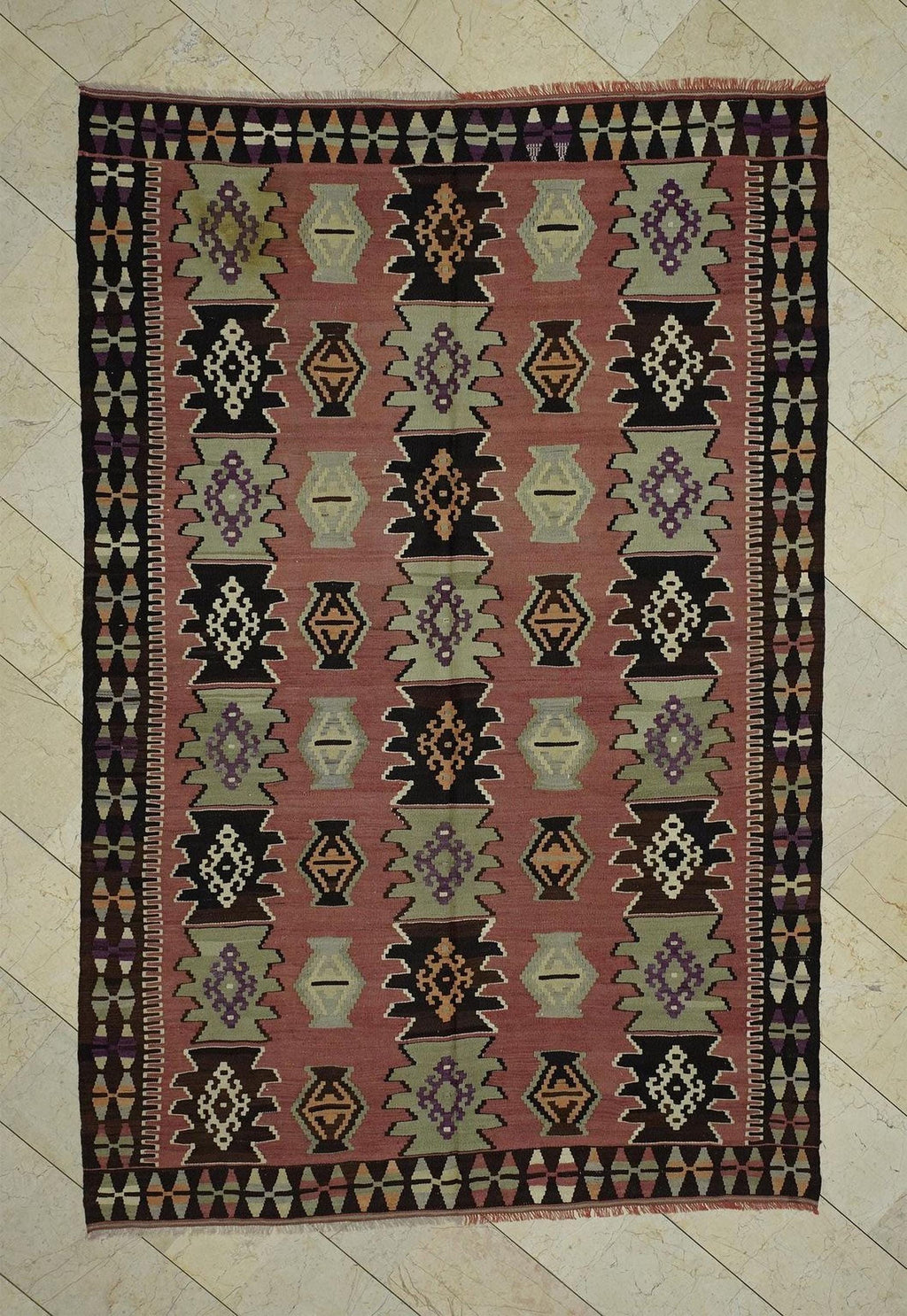 Pastel Turkish Kilim Rug: Flat Woven Bohemian Decor Rugs, 6,4"x9,6" Feet.