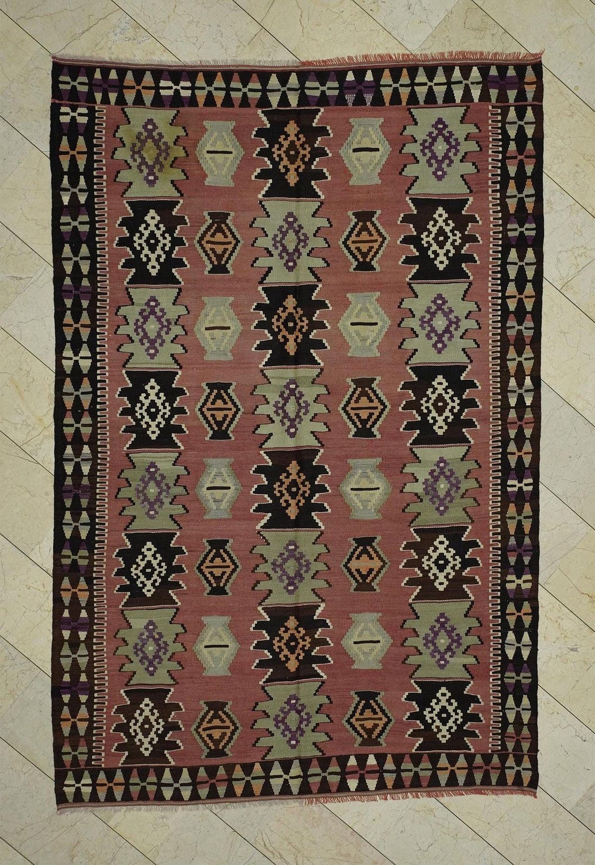 Pastel Turkish Kilim Rug: Flat Woven Bohemian Decor Rugs, 6,4"x9,6" Feet.