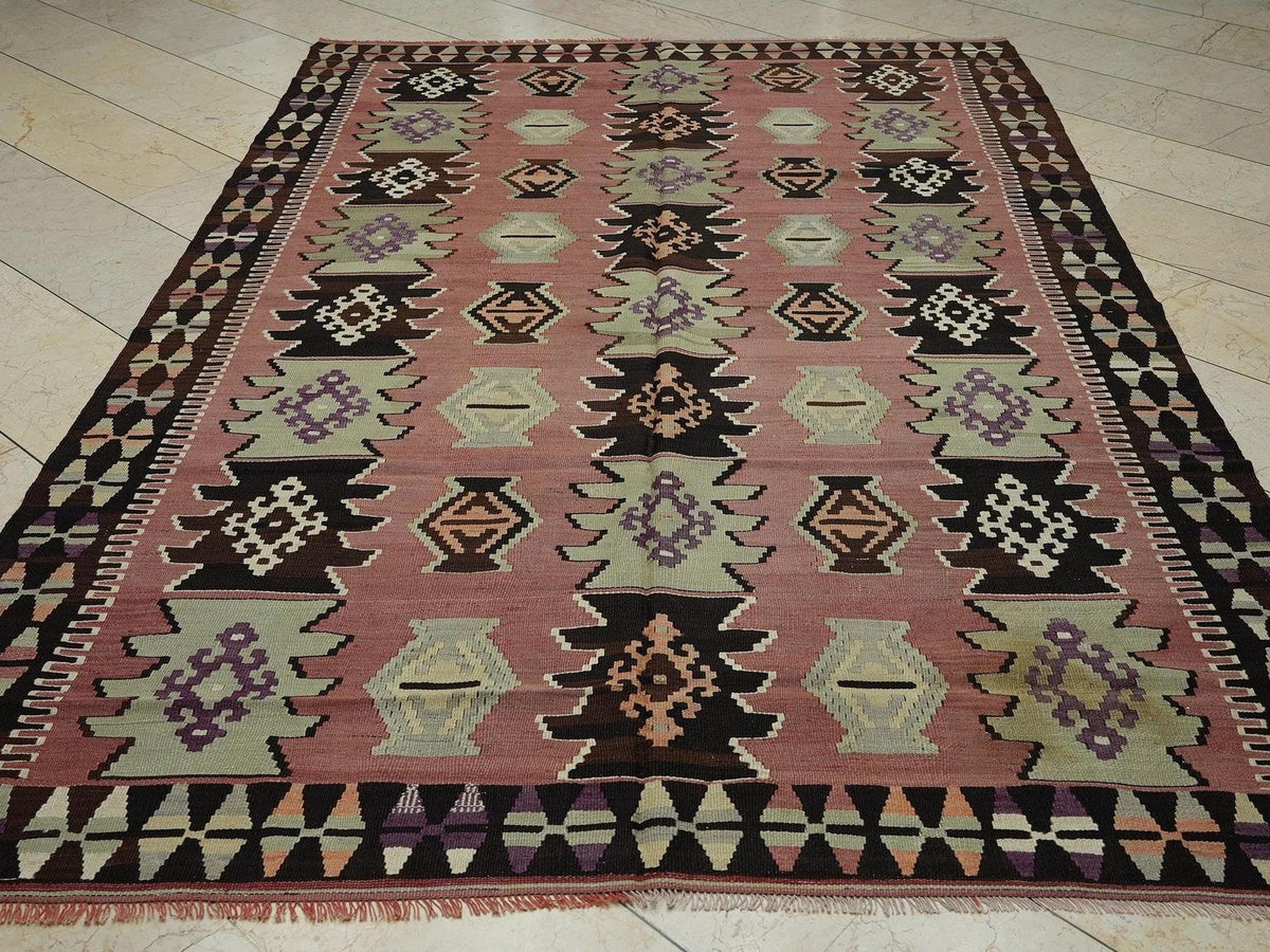 Pastel Turkish Kilim Rug: Flat Woven Bohemian Decor Rugs, 6,4"x9,6" Feet.