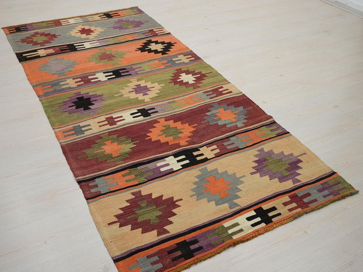Small Vintage Turkish Kilim Rug,Handwoven Wool Rugs 3.4x7.5