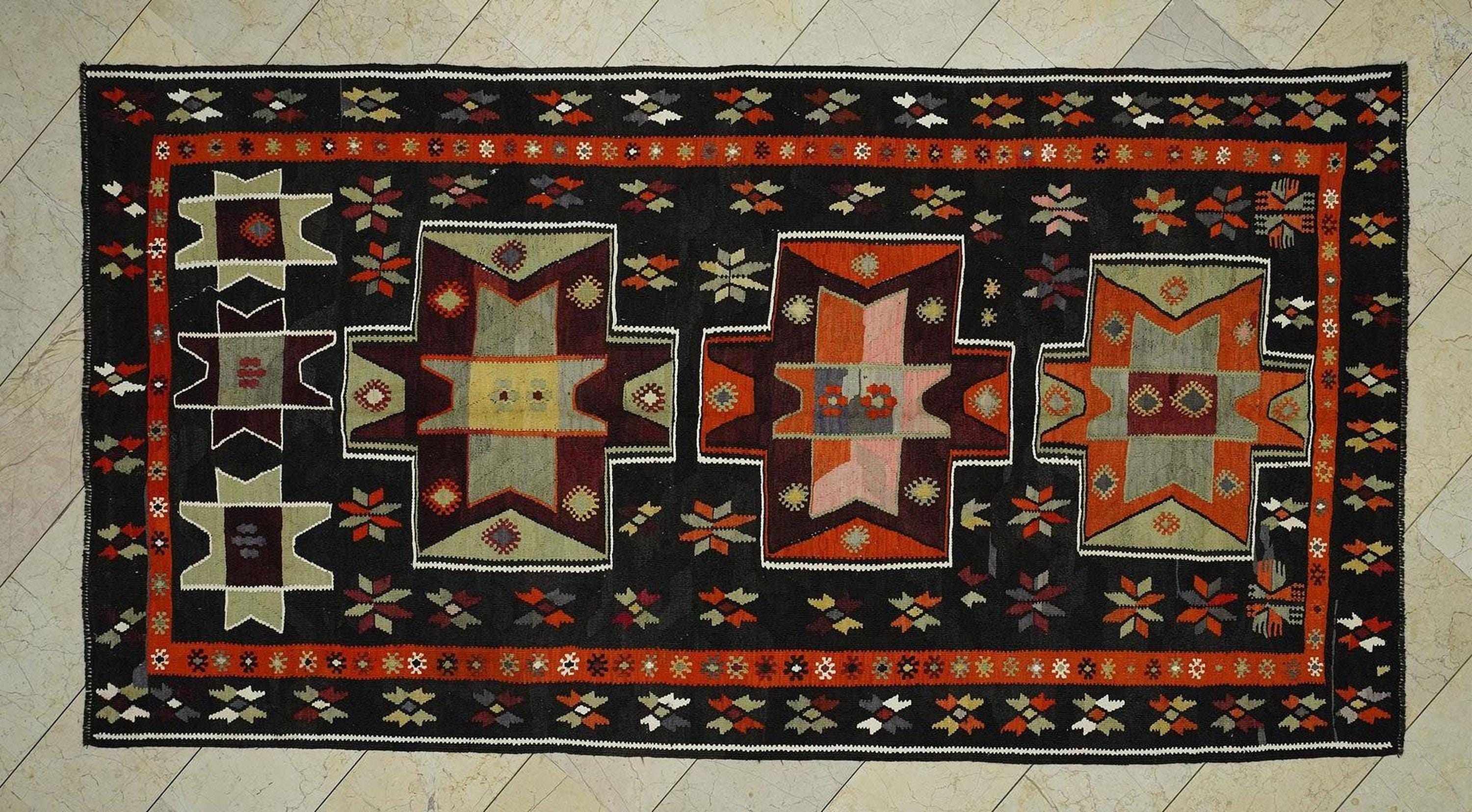Kurdish Kilim Rug: 5.2x10.2 ft, Brown & Orange Flat Weave Wool Rugs.