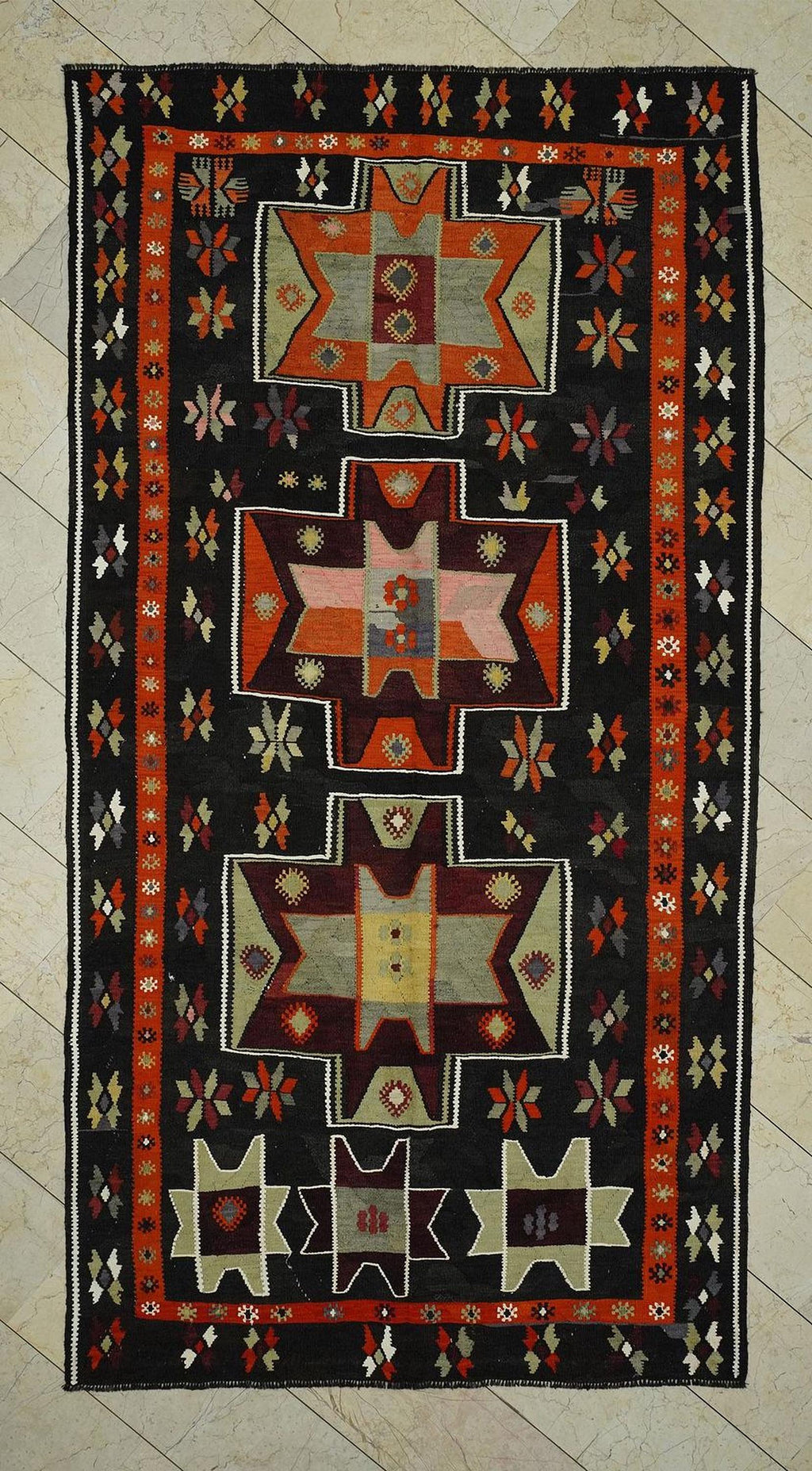 Kurdish Kilim Rug: 5.2x10.2 ft, Brown & Orange Flat Weave Wool Rugs.
