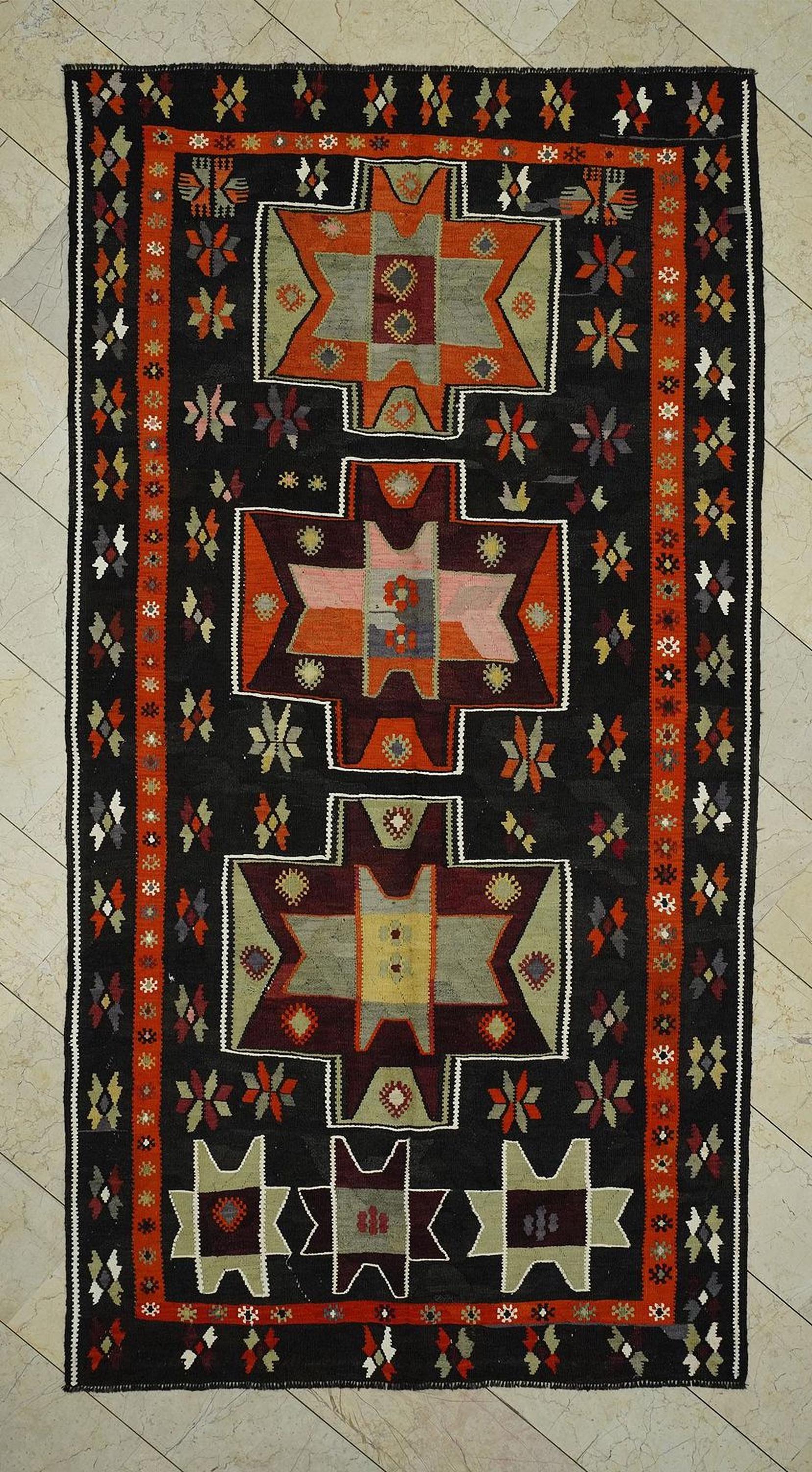 Kurdish Kilim Rug: 5.2x10.2 ft, Brown & Orange Flat Weave Wool Rugs.