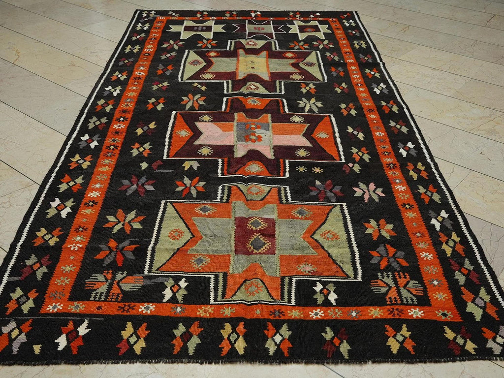 Kurdish Kilim Rug: 5.2x10.2 ft, Brown & Orange Flat Weave Wool Rugs.