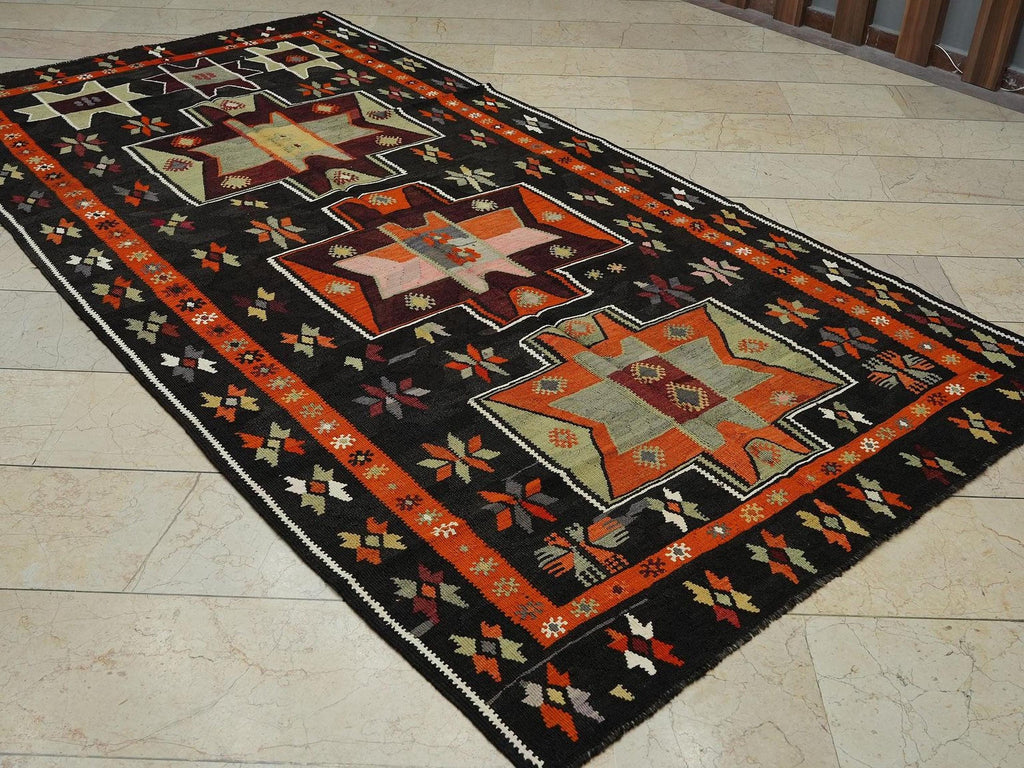 Kurdish Kilim Rug: 5.2x10.2 ft, Brown & Orange Flat Weave Wool Rugs.