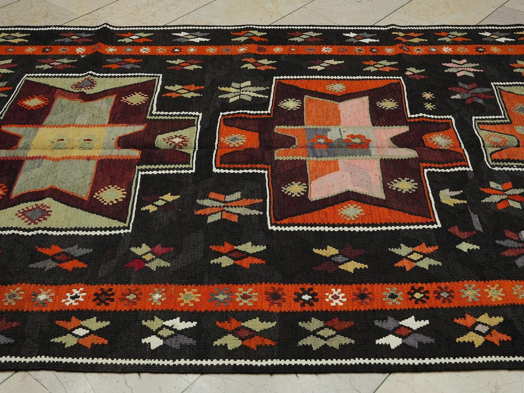 Kurdish Kilim Rug: 5.2x10.2 ft, Brown & Orange Flat Weave Wool Rugs.