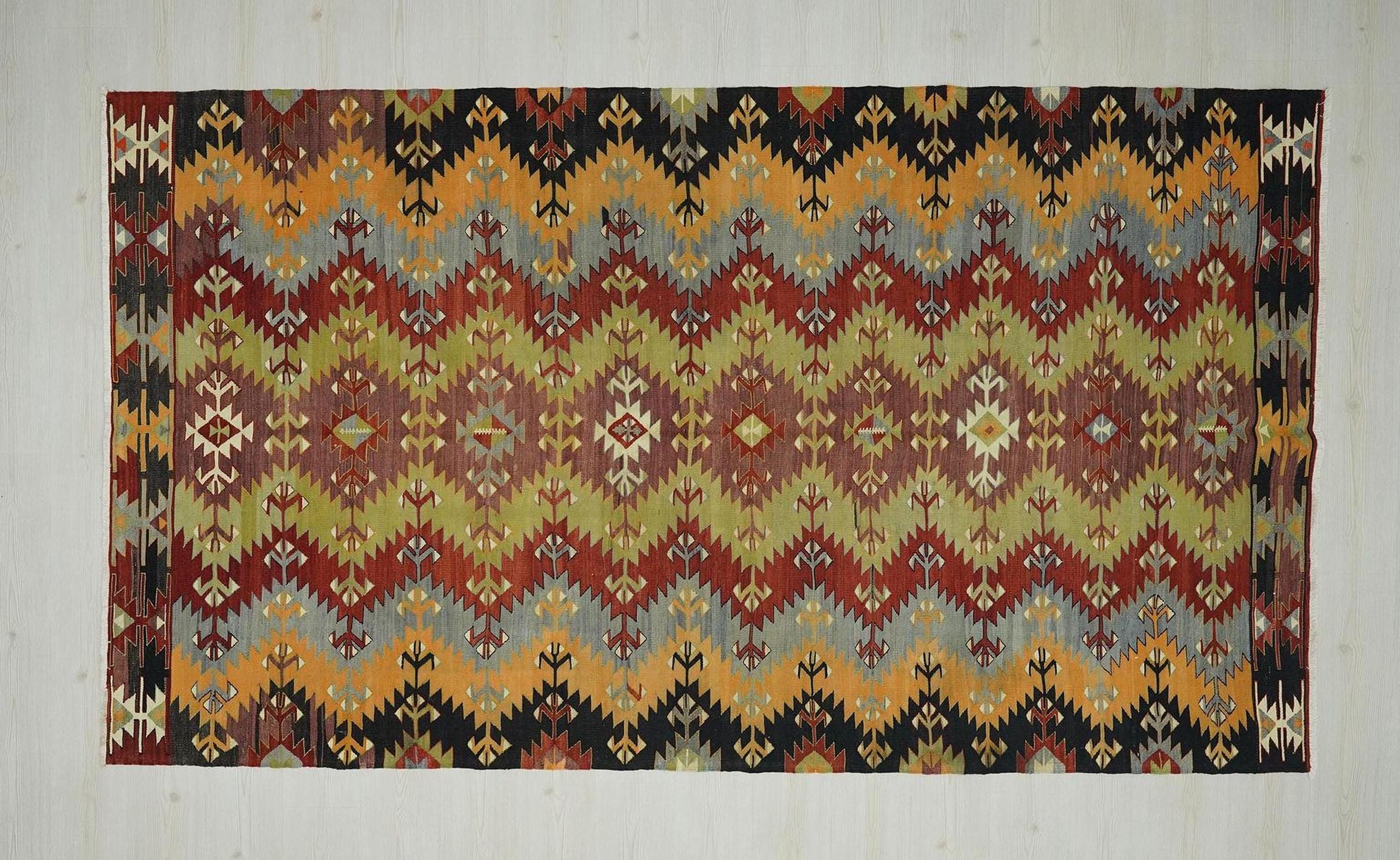 Antique Village Turkish Kilim Rug: Colorful Mid-Century Style Home Living Decor Rugs, 5.6x9.8 ft