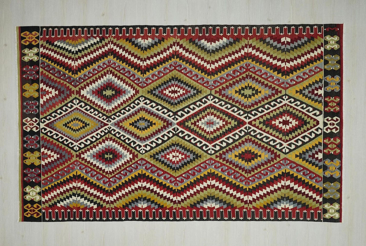 Large Colorful Kilim Rug: 6.2x10.2 ft, Vintage Turkish Flat Woven Rugs.