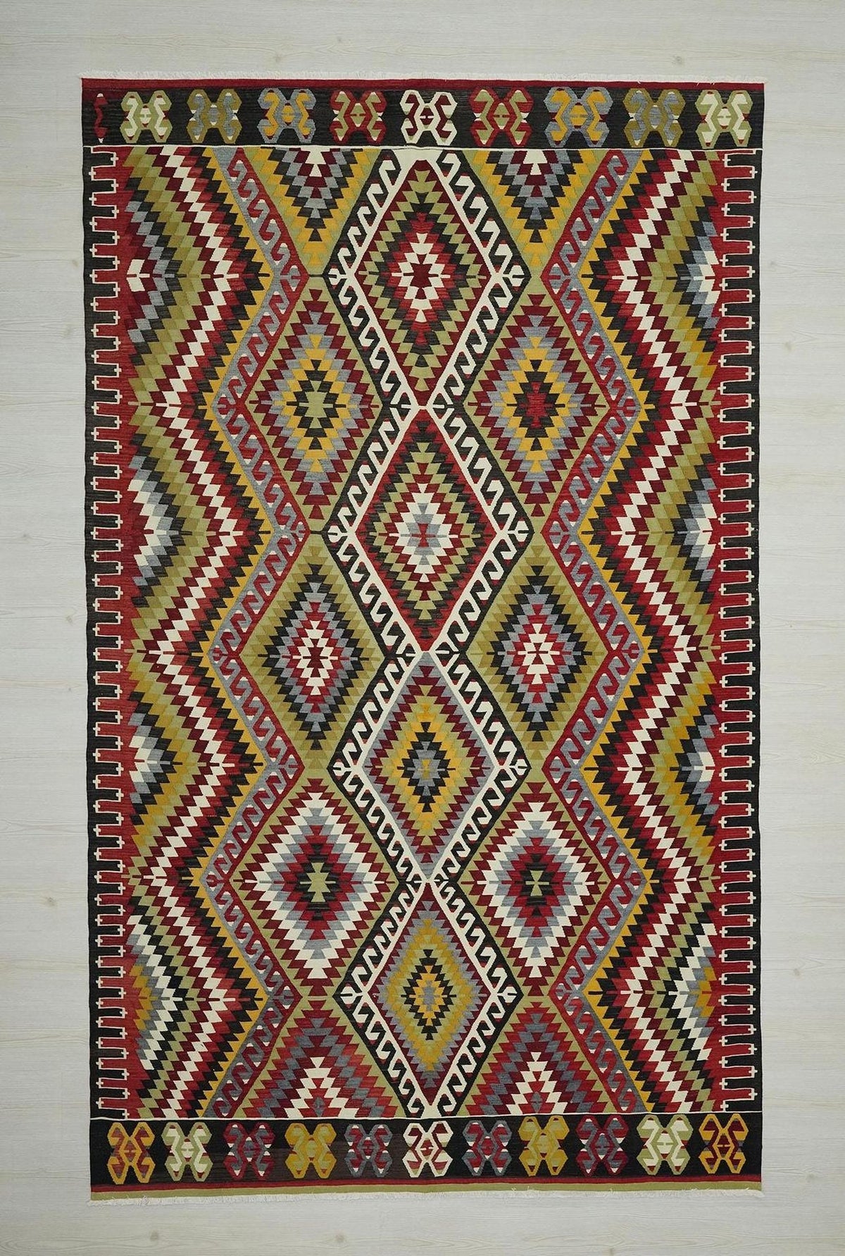 Large Colorful Kilim Rug: 6.2x10.2 ft, Vintage Turkish Flat Woven Rugs.