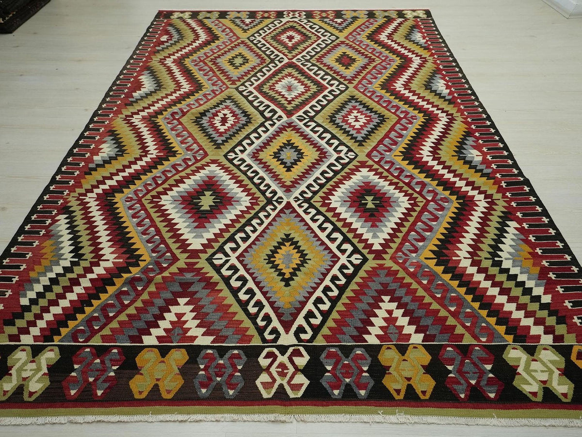 Large Colorful Kilim Rug: 6.2x10.2 ft, Vintage Turkish Flat Woven Rugs.