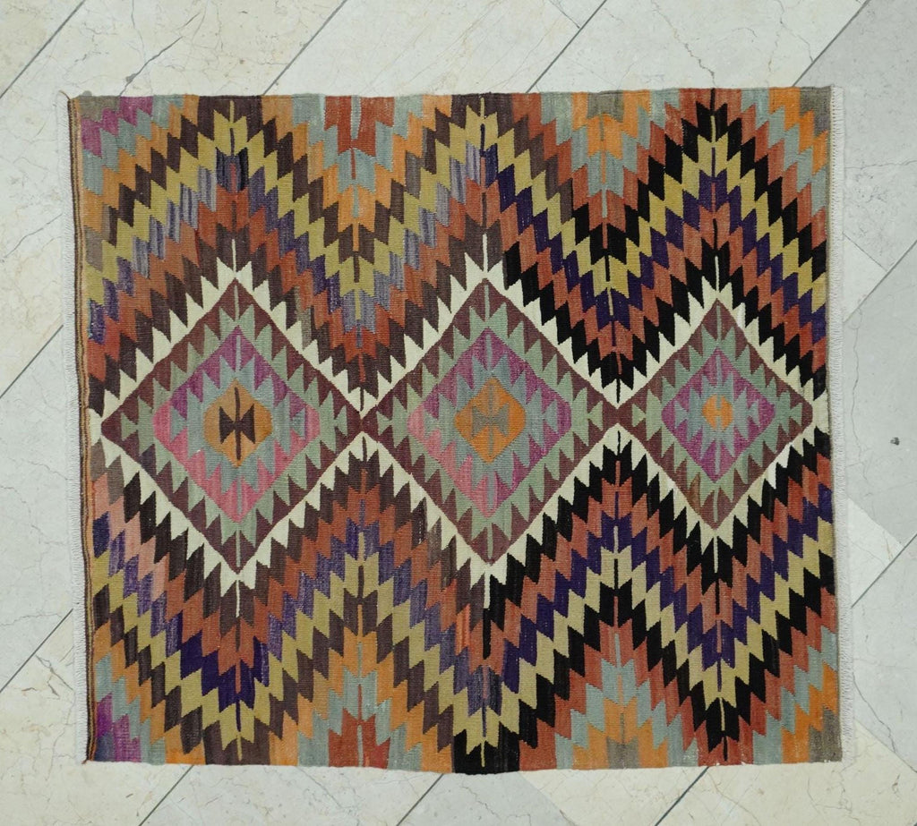 Small Square Size Zigzag Pattern Old Turkish Kilim Rug: 3.5x4 Feet,Valentine's day Gift.