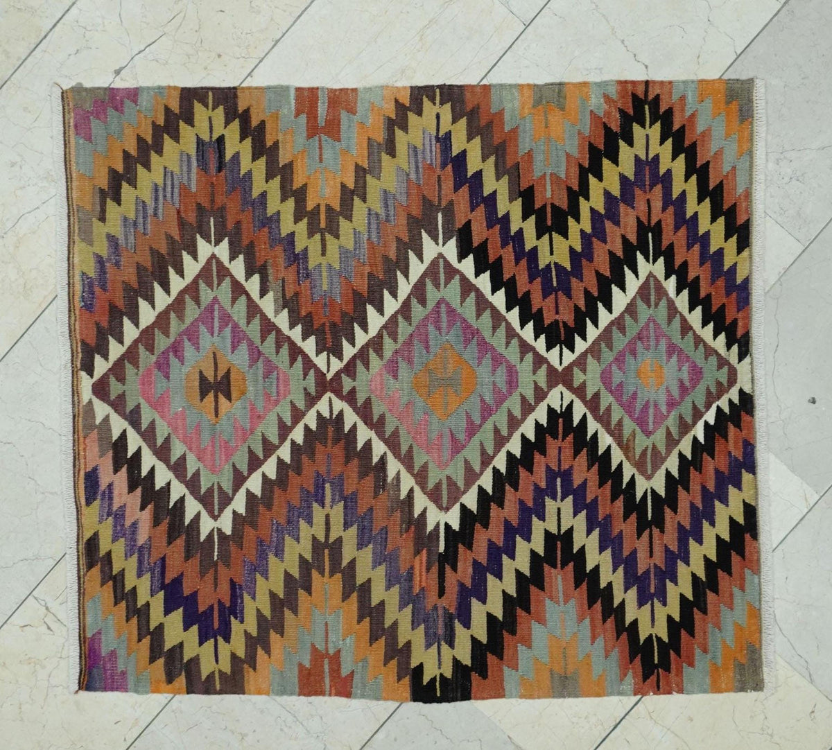 Small Square Size Zigzag Pattern Old Turkish Kilim Rug: 3.5x4 Feet,Valentine's day Gift.