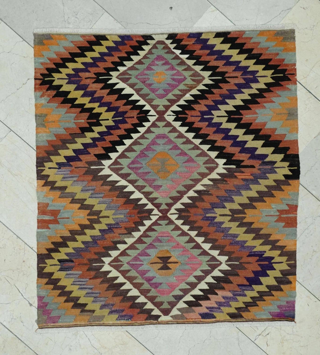Small Square Size Zigzag Pattern Old Turkish Kilim Rug: 3.5x4 Feet,Valentine's day Gift.