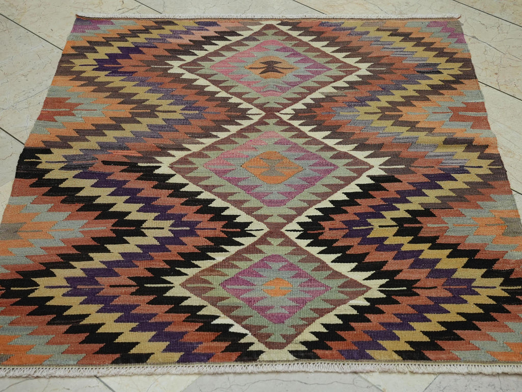 Small Square Size Zigzag Pattern Old Turkish Kilim Rug: 3.5x4 Feet,Valentine's day Gift.