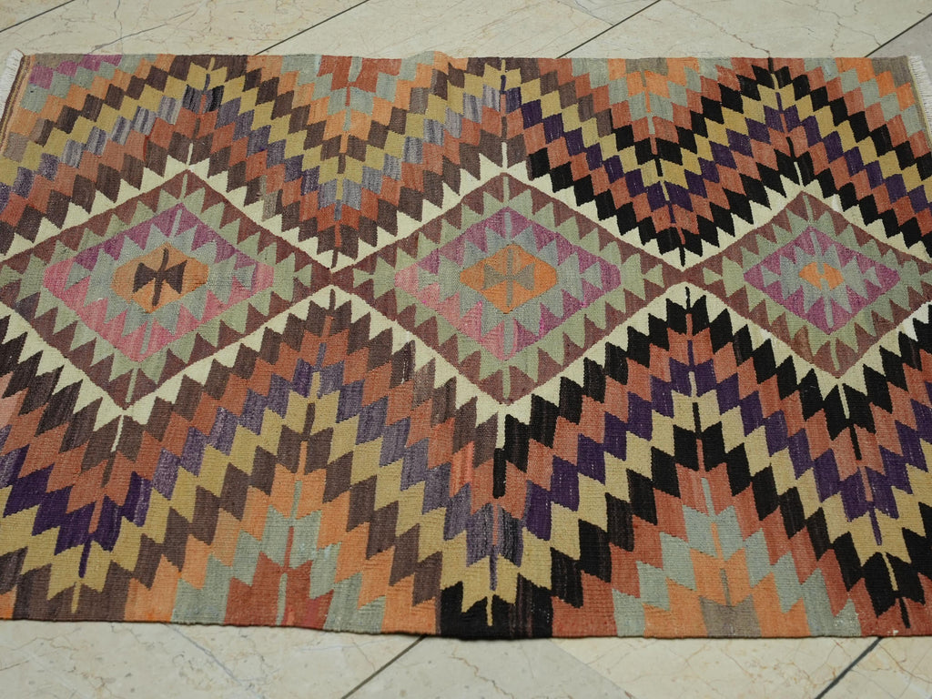 Small Square Size Zigzag Pattern Old Turkish Kilim Rug: 3.5x4 Feet,Valentine's day Gift.