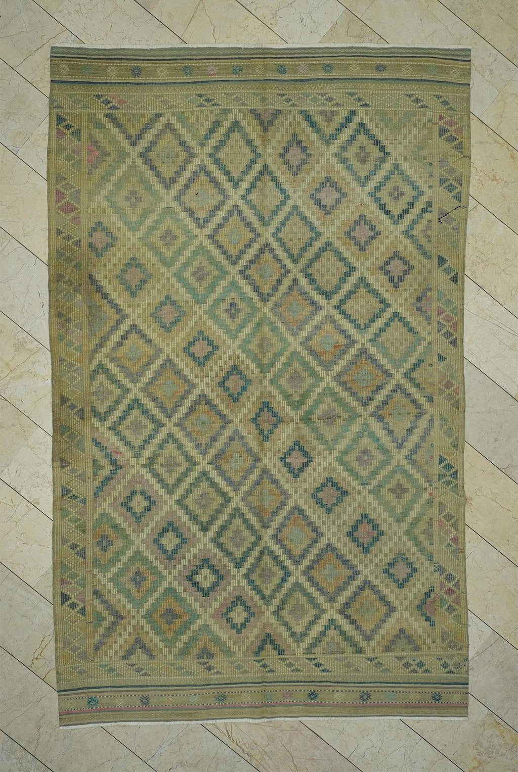 Embroidered Vintage Turkish Kilim Rug: 6.5x10.5, Flat Woven Faded Rugs