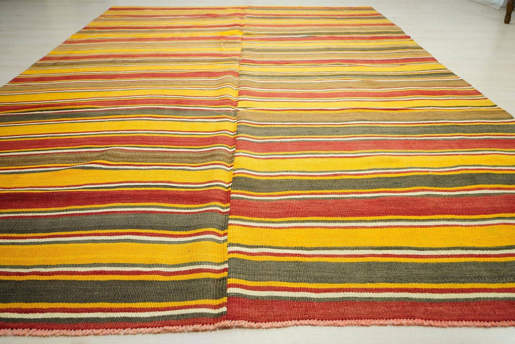 Yellow Striped Kilim Rug,Large Bohemian Turkish Rugs 6x10