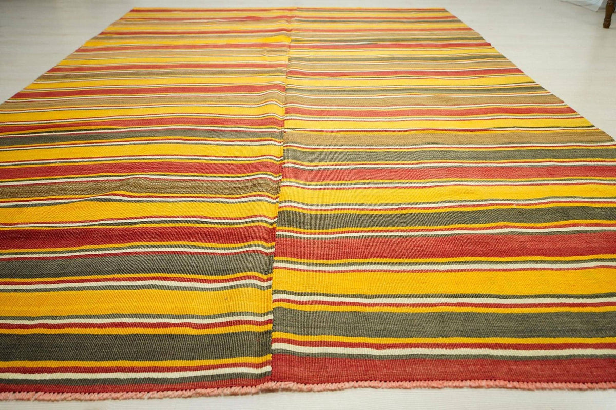 Yellow Striped Kilim Rug,Large Bohemian Turkish Rugs 6x10