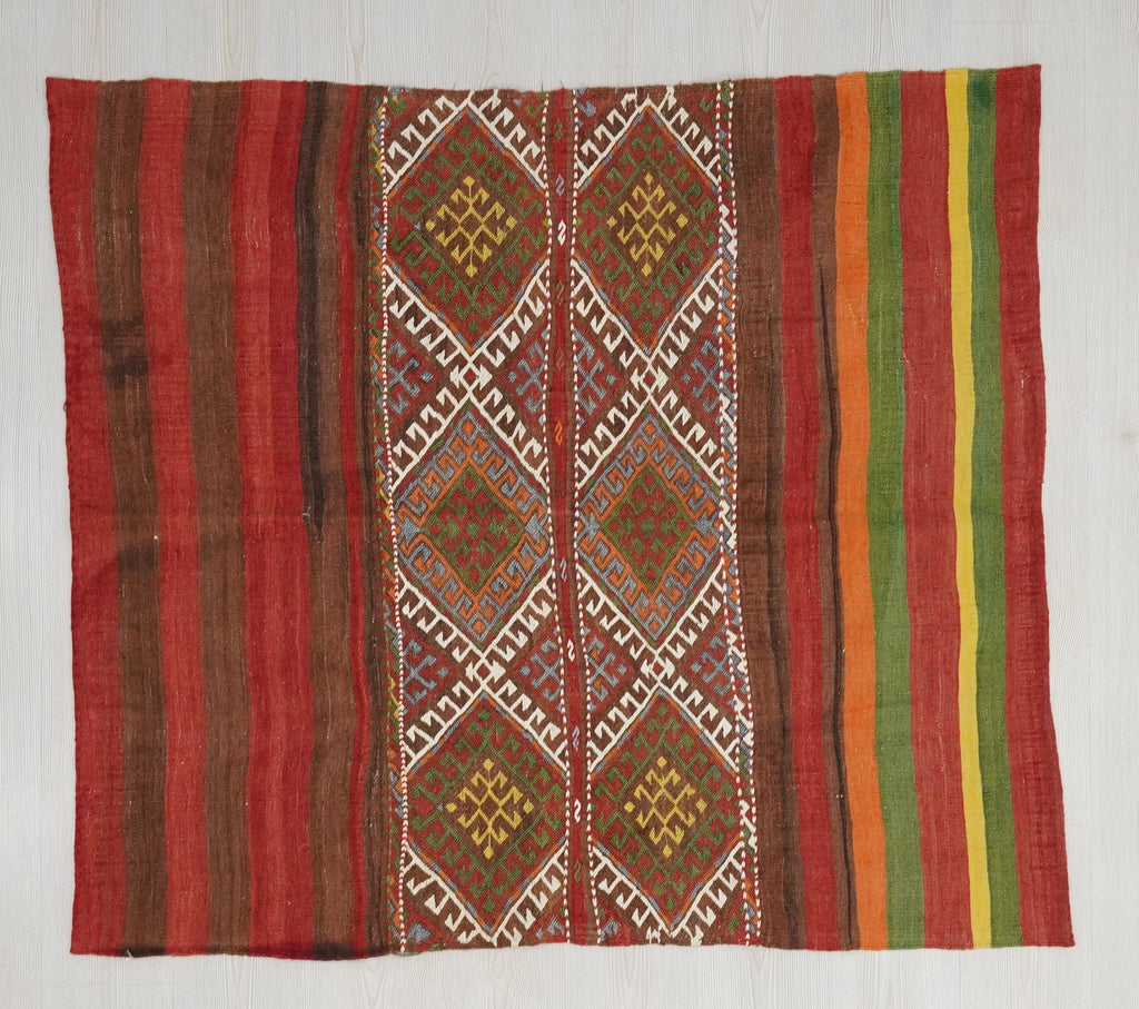 Antique Embroidered Turkish Kilim Rug: Striped Wool Wall Hanging Rugs,4.3x4.10 ft