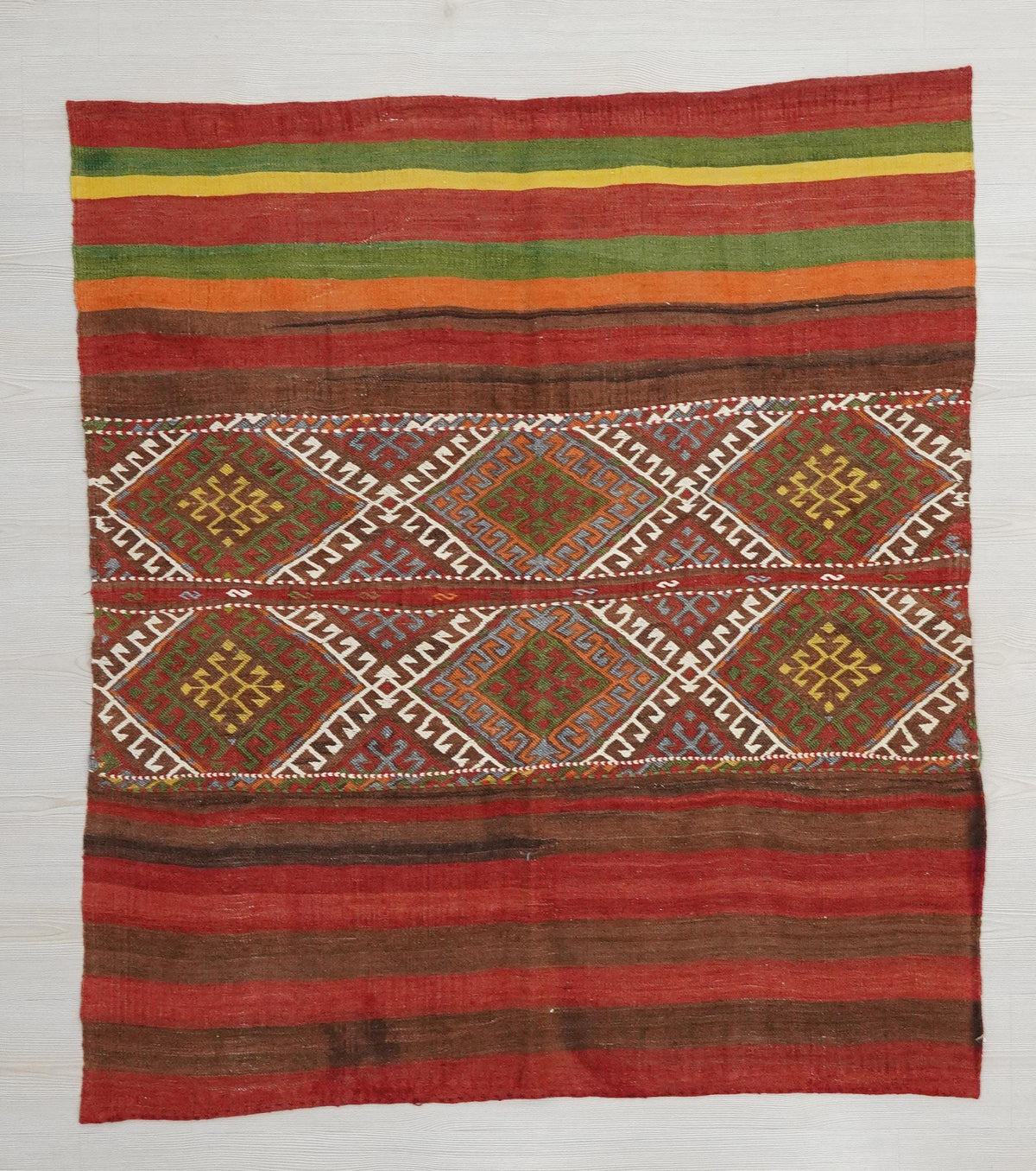 Antique Embroidered Turkish Kilim Rug: Striped Wool Wall Hanging Rugs,4.3x4.10 ft