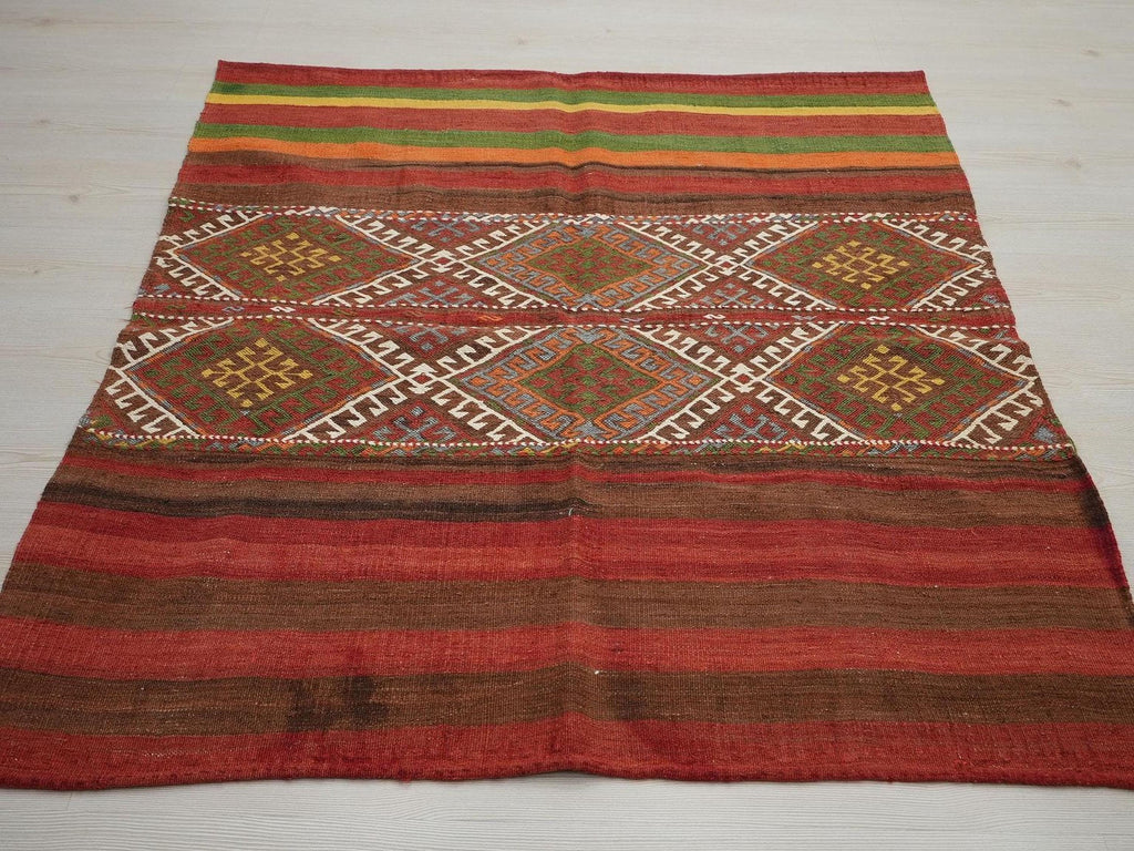 Antique Embroidered Turkish Kilim Rug: Striped Wool Wall Hanging Rugs,4.3x4.10 ft