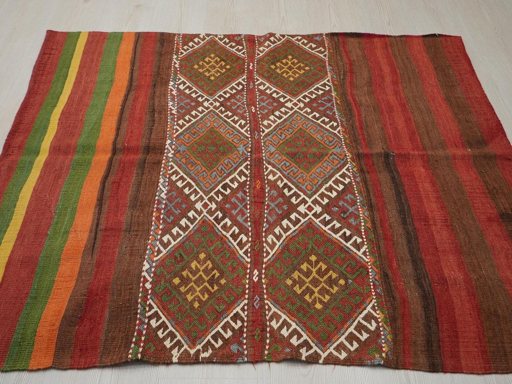 Antique Embroidered Turkish Kilim Rug: Striped Wool Wall Hanging Rugs,4.3x4.10 ft