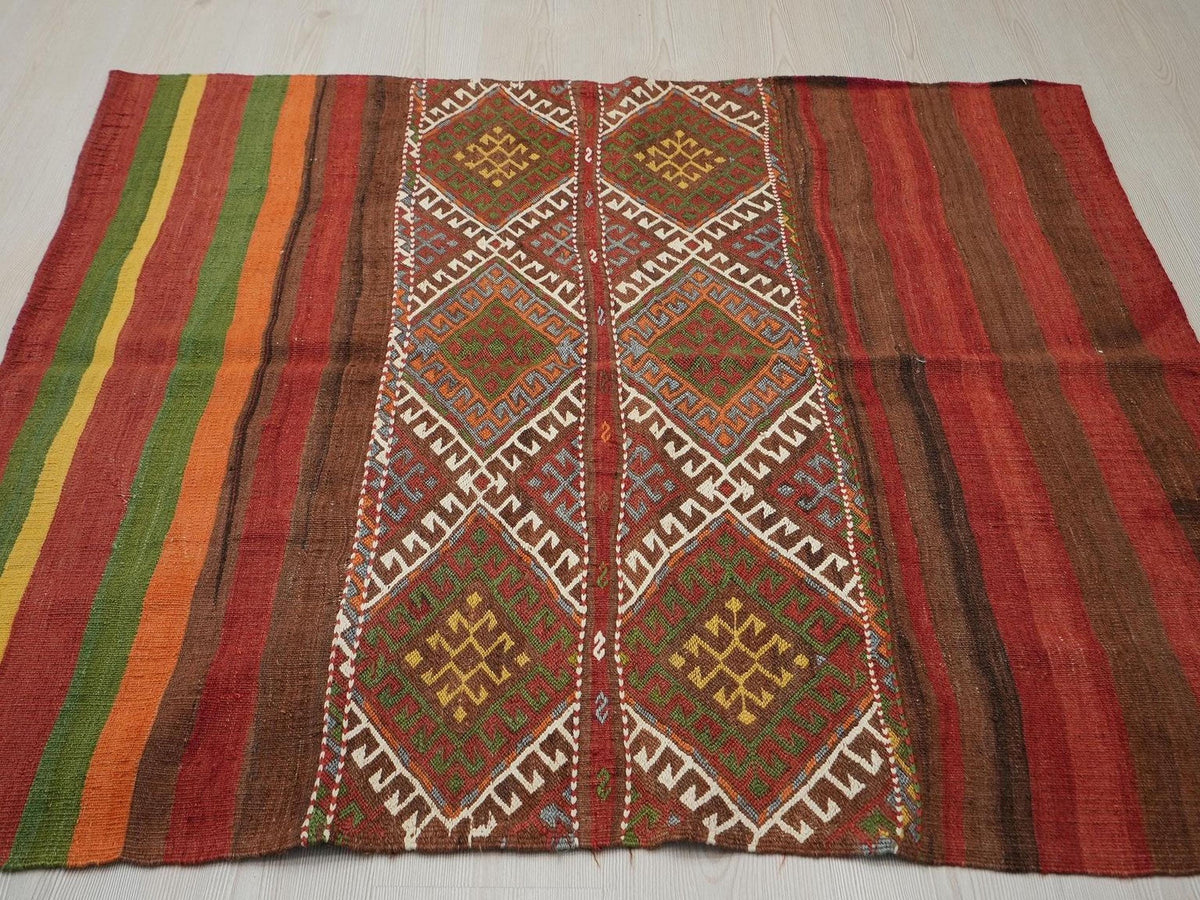Antique Embroidered Turkish Kilim Rug: Striped Wool Wall Hanging Rugs,4.3x4.10 ft