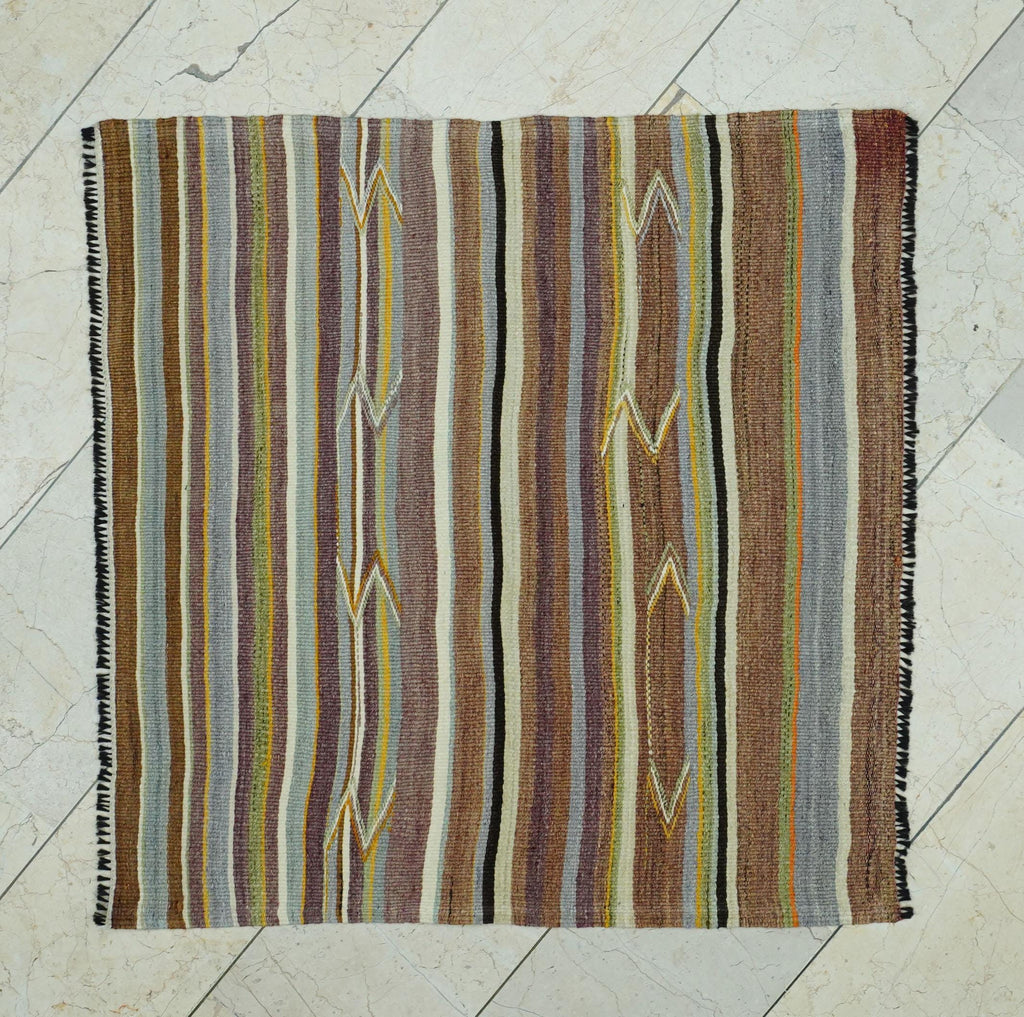 Tribal Square Kilim Rug: Antique Turkish Wool Rugs with Primitive Stripe Design, 3,6x3,6 ft.