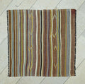 Tribal Square Kilim Rug: Antique Turkish Wool Rugs with Primitive Stripe Design, 3,6x3,6 ft.
