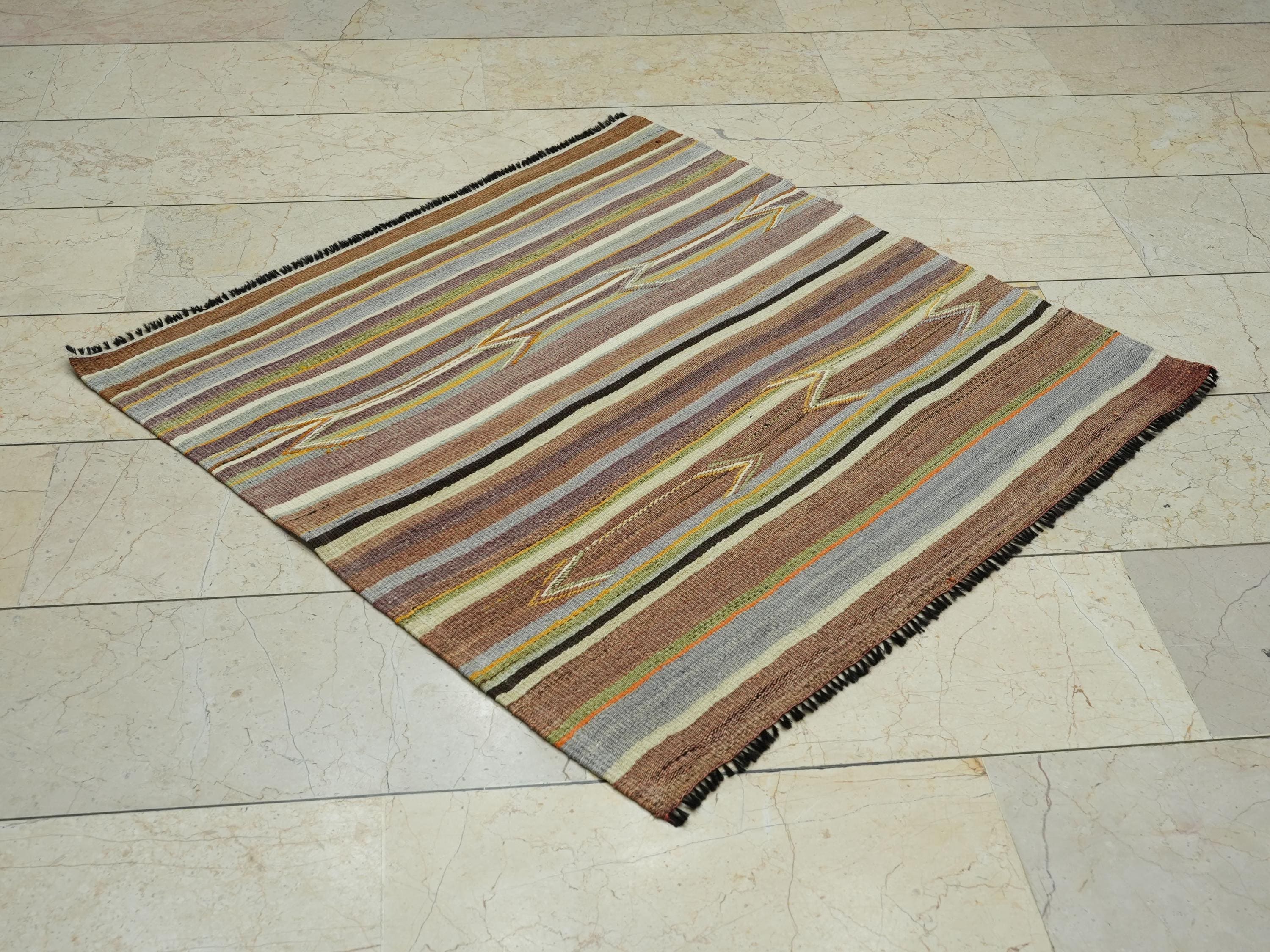 Tribal Square Kilim Rug: Antique Turkish Wool Rugs with Primitive Stripe Design, 3,6x3,6 ft.