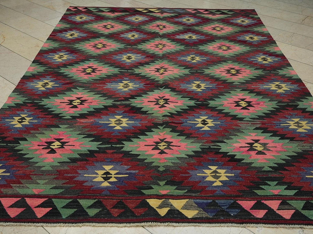 Vintage Turkish Kilim Rug: 7x10.3 ft, Tribal Flat Weave Wool Rugs