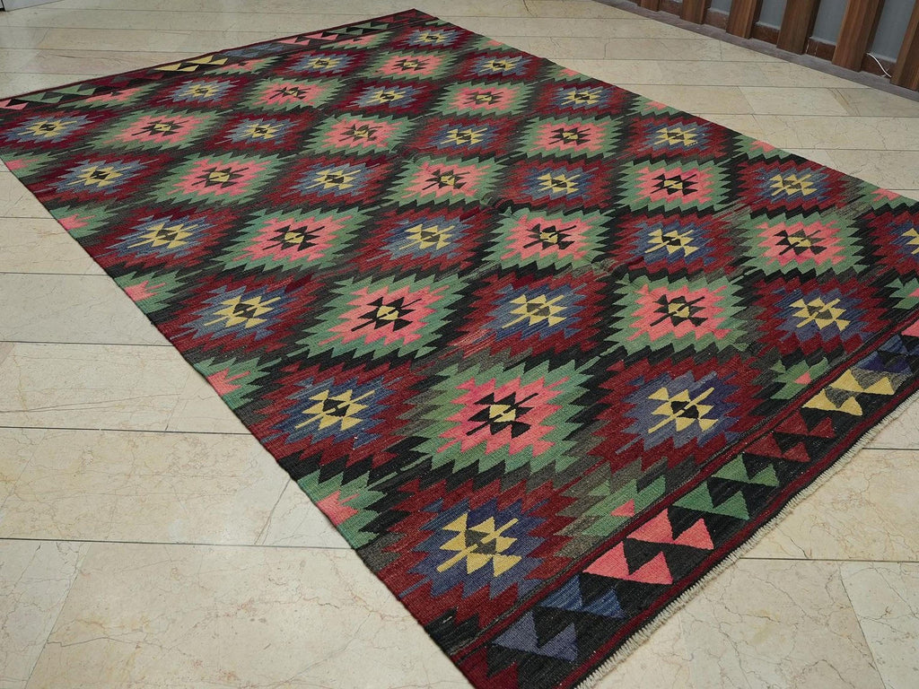 Vintage Turkish Kilim Rug: 7x10.3 ft, Tribal Flat Weave Wool Rugs
