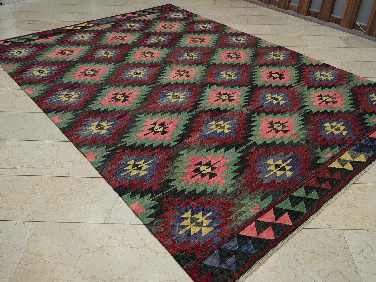 Vintage Turkish Kilim Rug: 7x10.3 ft, Tribal Flat Weave Wool Rugs