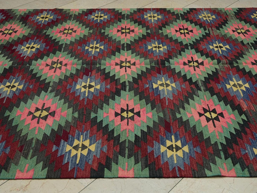 Vintage Turkish Kilim Rug: 7x10.3 ft, Tribal Flat Weave Wool Rugs