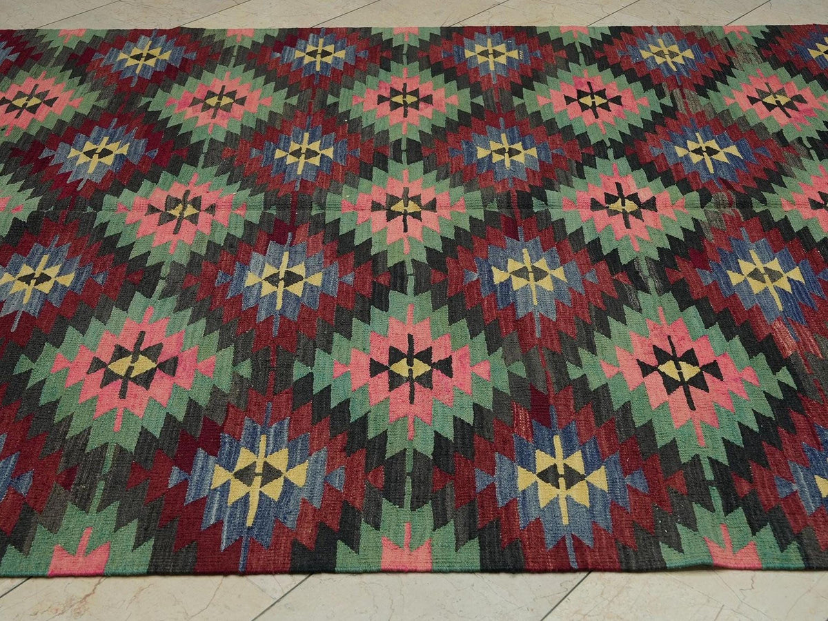 Vintage Turkish Kilim Rug: 7x10.3 ft, Tribal Flat Weave Wool Rugs