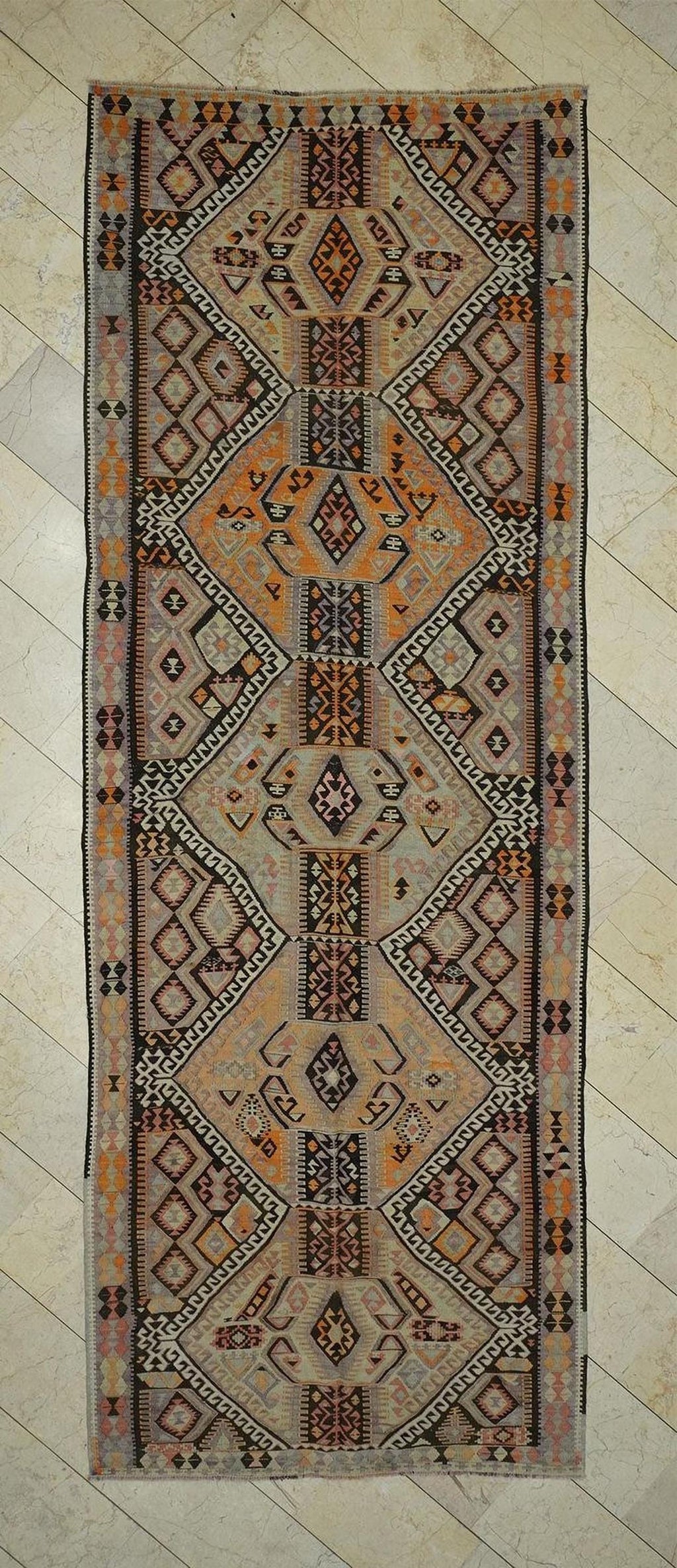 Antique Kars Kilim Rug Runner: 5x13 Turkish Flat Weave Hallway Decor
