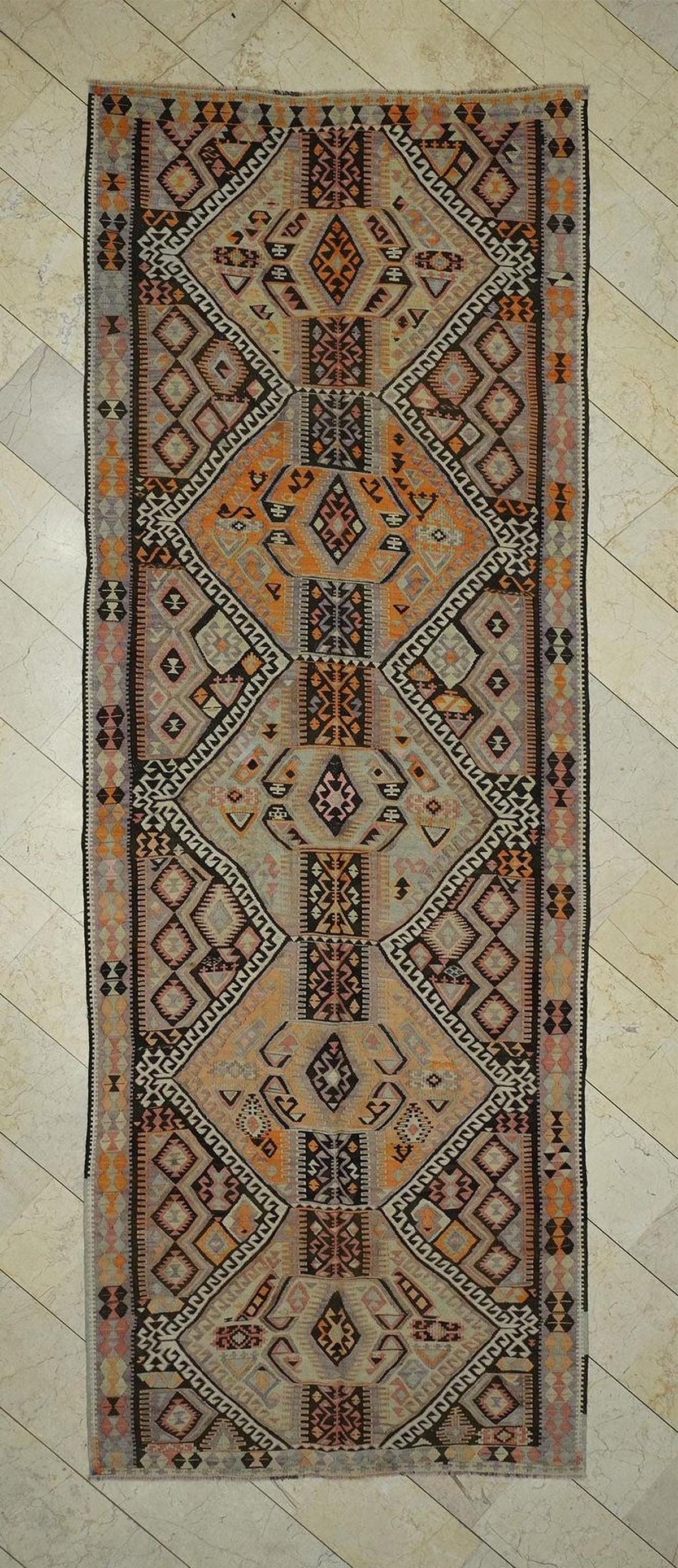 Antique Kars Kilim Rug Runner: 5x13 Turkish Flat Weave Hallway Decor