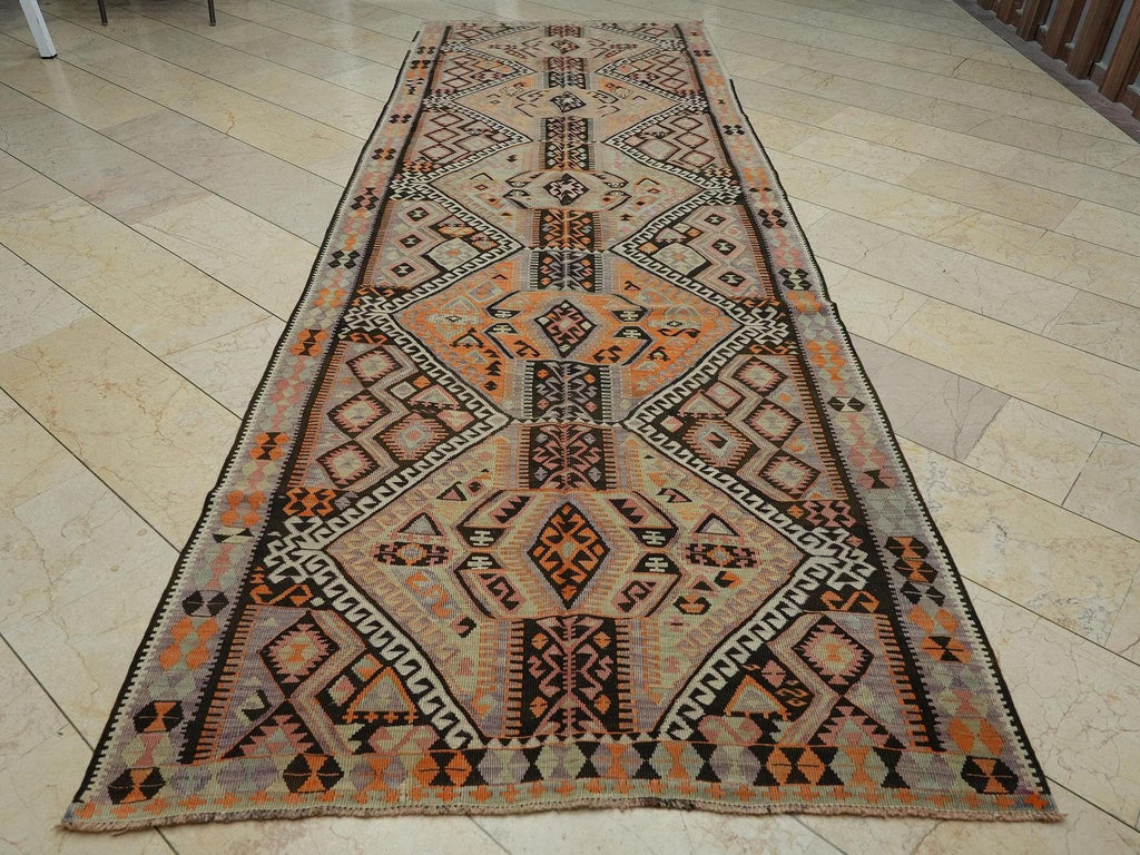 Antique Kars Kilim Rug Runner: 5x13 Turkish Flat Weave Hallway Decor