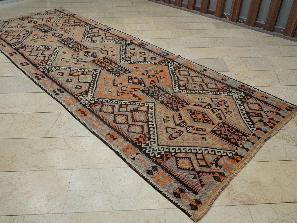 Antique Kars Kilim Rug Runner: 5x13 Turkish Flat Weave Hallway Decor